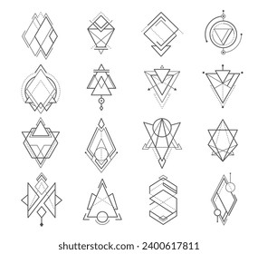 Geometric boho tattoo linear symbols with sacred geometry art and vector mystic tribal signs. Geometric boho tattoo with circle and triangle lines, alchemy magic and ethnic esoteric or occult symbols