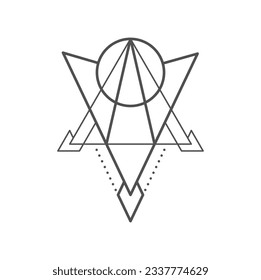 Geometrisches Boho-Tattoo. Okkultistische Alchimiedezzierungen, mystische und magische Linienkunst, esoterische minimale Vektordreieck-Formen Tätowierung oder abstraktes Symbol der sakralen Geometrie. Geometrisches Boho-Zeichen