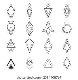 Geometric boho tattoo, sacred geometry art and mystic tribal symbols, vector signs. Geometric boho tattoo of moon and triangle, alchemy magic and ethnic Indian tribal or occult esoteric line symbols