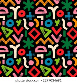 Geometric bold brush drawn shapes seamless pattern. Colorful background with geometric figures: crosses, triangles, zigzag lines, curves and circles. Grunge style colored pattern on black background.