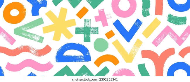 Geometric bold brush drawn shapes seamless pattern. Colorful hand drawn background with various geometric figures: crosses, triangles, zigzag lines, curves and circles. Grunge style colored pattern.