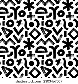 Geometric bold brush drawn shapes seamless pattern. Hand drawn background with various geometric figures: crosses, triangles, zigzag bold lines, curves, square and circles. Grunge style pattern.