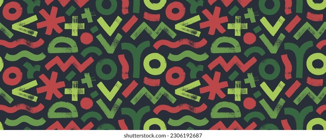 Geometric bold brush drawn shapes seamless pattern. Colorful hand drawn background with various geometric figures: crosses, triangles, zigzag lines, curves and circles. Grunge style green pattern.