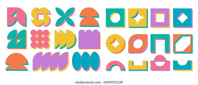 Conjunto de elementos de dibujos animados en negrita geométrica, colección decorativa básica del ícono estético suizo, forma de silueta de brutalismo de moda en ilustración vintage estilo de los años 80, Paquete de diseño de figura brutalista retro moderno