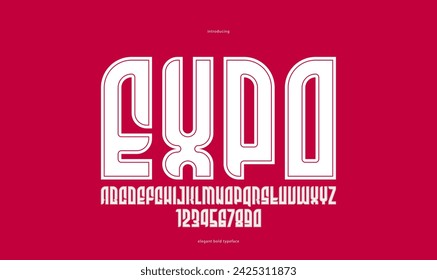Tipo de letra geométrica negrita elegante sin serif, fuente mínima mínima mínima vectorial gruesa, póster retro y alfabeto de letras y números publicitarios para encabezados de logotipos o lemas.