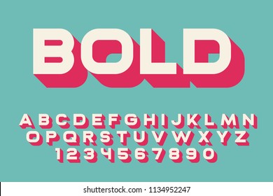 Geometric bold font 3d effect design letters and numbers Retro style Vector alphabet