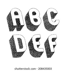 Geometric bold rounded 3d font with hand drawn lines textures, letters a b c d e f.
