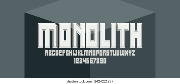 Geometric bold and strong vector font for logos and emblems, heavy letters alphabet for posters and advertising, display typeface with huge brutal and urban letters.