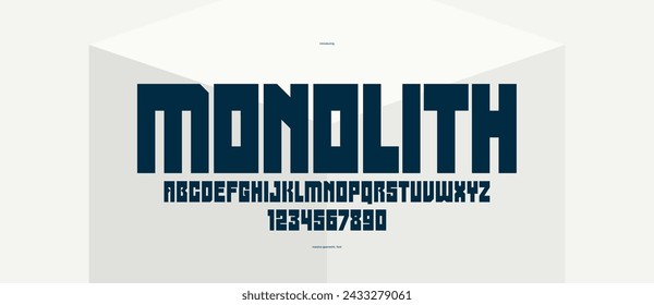 Geometric bold and strong vector font for logos and emblems, heavy letters alphabet for posters and advertising, display typeface with huge brutal and urban letters.