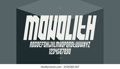 Fonte geométrica em negrito e forte vetorial para logotipos e emblemas, alfabeto de letras pesadas para cartazes e publicidade, fonte tipográfica com letras brutais e urbanas enormes, versão em itálico.