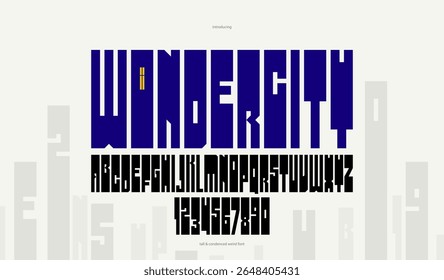 Geometric bold and strong vector font for logos and emblems, heavy letters alphabet for posters and advertising, display typeface with huge brutal and urban letters.