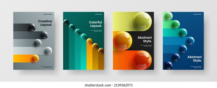 Geometric booklet A4 vector design illustration collection. Trendy realistic spheres presentation template bundle.