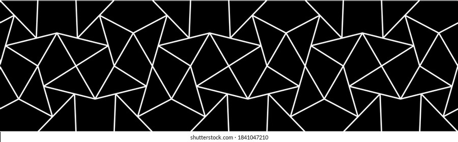 Geometric border pattern with crossing white zigzag lines on black background. Seamless line abstract geometric design. Stylish fractal vector monochrome lattice.