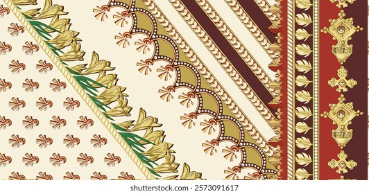 Geometric Border and patterns with floral details for wallpapers, gift wraps, home decor, and creative designs.