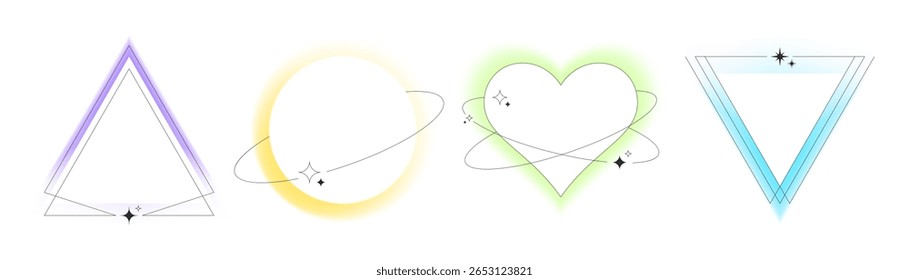 Geometric border shapes with colorful blur aura effects - green heart, blue triangle, yellow circle with soft gradient and outlines with sparkles for trendy y2k design frames decoration.