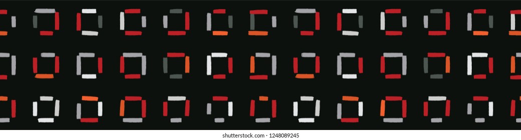 Geometric Border with Trendy Brush Stroke Squares. Boho Folk Art Black Red  Seamless Vector Illustration. Creative Tech Style Abstract Texture for 
Fashion Trim, Hipster Ribbon, Masculine Home Decor
