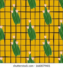 Geometric botanical exotic backdrop. Abstract cactus seamless pattern on stripes background. Cacti wallpaper. Design for fabric, textile print, wrapping paper. Creative vector illustration