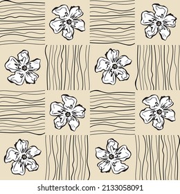 Geometric and botanical pattern of abstract flowers. Seamless pattern hand drawn. Sketchy drawing with black outlines and white pastel background. Printing on wallpaper, tablecloth, fabric, paper
