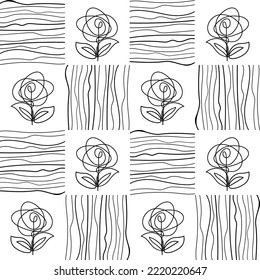 Patrón geométrico y botánico de las flores abstractas dibujo continuo de líneas, líneas negras. Fondo floral de verano sin fisuras dibujado a mano. Bordes negros de dibujo esquemáticos sobre fondo blanco.