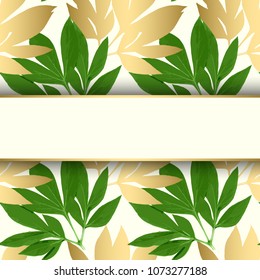 Geometric botanical vector design frame. Vector floral design card. Green peony leaves pattern. Gold line art. Vector garden illustration, Wedding Invitation