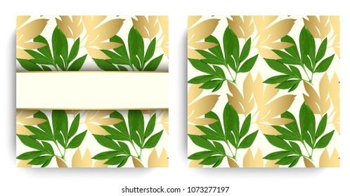 Geometric botanical vector design frame. Vector floral design card. Green peony leaves pattern. Gold line art. Vector garden illustration, Wedding Invitation