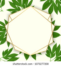 Geometric botanical vector design frame. Vector floral design card. Green peony leaves pattern. Gold line art. Vector garden illustration, Wedding Invitation

