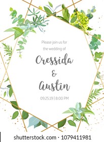 Marco de diseño de vector botánico geométrico. Eucalipto, hidrangea verde, helecho forestal, suculentos, diversas plantas, hojas y hierbas. Tarjeta de boda natural de primavera. Arte de línea dorada. Todos los elementos están aislados.