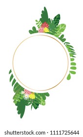 Geometric botanical vector design frame. Various plants, leaves and flowers in a cricle golden wire frame with decor. Suitable for cards, wedding invitations, web banners. White background