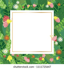 Geometric botanical vector design frame. Various plants, leaves and flowers behind a square golden wire frame with decor. Suitable for cards, wedding invitations, web banners.