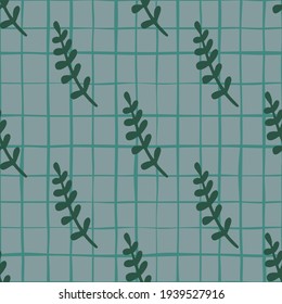 Patrón geométrico botánico sin soldadura con formas de ramas de hojas tropicales verdes. Fondo azul a cuadros. Fondo decorativo para el diseño de tejidos, impresión textil, envoltura, cubierta. Ilustración vectorial.