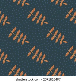 Geometric branch seamless pattern on dots background. Simple botanical backdrop. Abstract floral ornament. Design for fabric , textile print, surface, wrapping, cover. Vector illustration.
