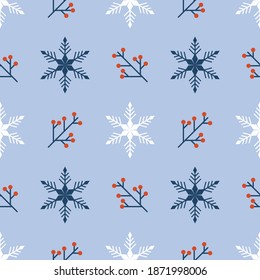Ramas geométricas con bayas y copos de nieve, patrón vectorial sin costura.