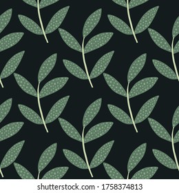 Geometric branches with leaves seamless pattern on black background. Botanical leaf endless wallpaper. Decorative ornament vector illustration. Design for fabric, textile print, wrapping paper, cover.