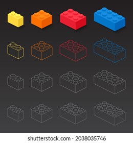 Geometric brick block toys 3d vector like Lego, colorful line art platonic building block bricks for children, Brick blocks toy isolated on black background, Part and piece for design and creative.