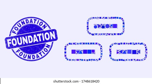 Icono de mosaico de ladrillos geométricos y sello de la Fundación. Sello de textura redondo vector azul con frase Foundation. Mosaico abstracto de ladrillos organizados de esférica, triángulos, elementos geométricos cuadrados.