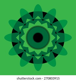 geometric bright abstract green mandala with black eye in the center of the circle on a green background