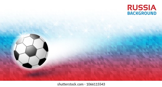 Geometric bright abstract horizontal background. Russia flag colors 2018. Soccer ball icon. Vector illustration. 