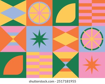 Geometric bright colored retro background design - funky artwork collage vector