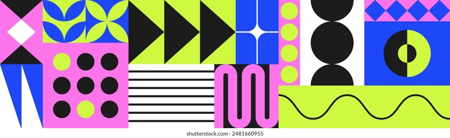  geometric bright colour pattern print background, bauhaus shapes pattern, bauhaus neo brutalism abstract backgrounds, modern geometry trendy design for card, invitation, wallpaper with place