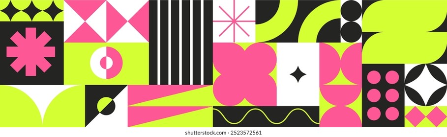  geometric bright colour pattern print background, bauhaus shapes pattern, bauhaus neo brutalism abstract backgrounds, modern geometry trendy design for card, invitation, wallpaper with place