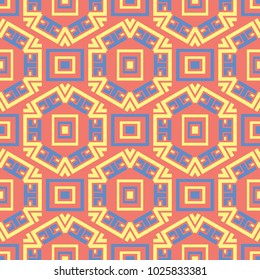 Geometric bright multi colored seamless background. Blue and beige elements on orange background. Design for wallpapers and fabrics