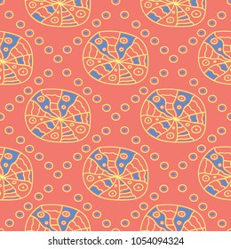 Geometric bright multi colored seamless background. Blue and beige elements on orange background. Design for wallpapers and fabrics