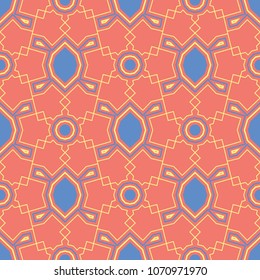 Geometric bright multi colored seamless background. Blue and beige elements on orange background. Design for wallpapers and fabrics