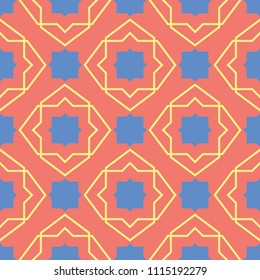 Geometric bright multi colored seamless background. Blue and beige elements on orange background. Design for wallpapers and fabrics