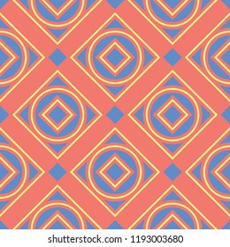 Geometric bright multi colored seamless background. Blue and beige elements on orange background. Design for wallpapers and fabrics