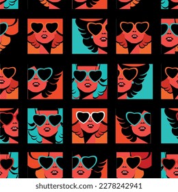 geometric bright pattern with faces of girls on a black background
