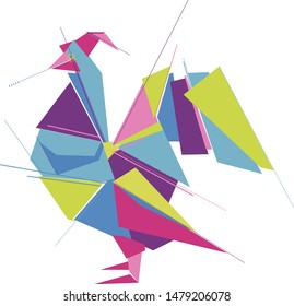 Geometric bright rooster on a white background, stylization line and spot