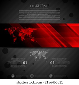 Diseño de folletos geométricos con banner rojo brillante de alta tecnología. Rayas brillantes y mapa del mundo de los polacos bajos. Fondo del vector