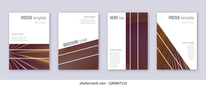 Geometric brochure design template set. Gold abstract lines on bordo background. Alive brochure design. Posh catalog, poster, book template etc.