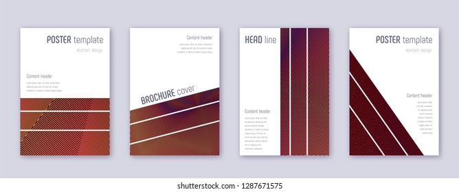 Geometric brochure design template set. Orange abstract lines on wine-red background. Alluring brochure design. Favorable catalog, poster, book template etc.
